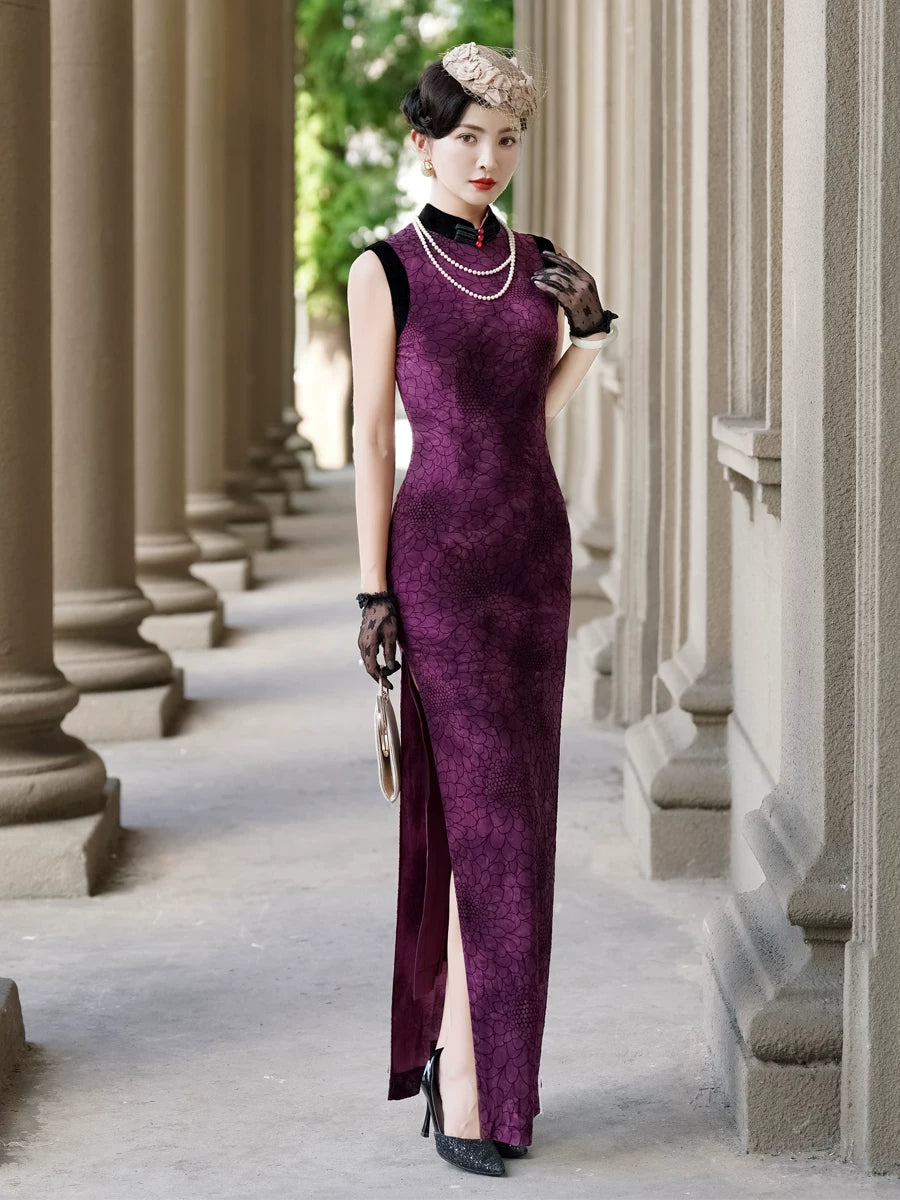 Sleeveless purple modern qipao gown