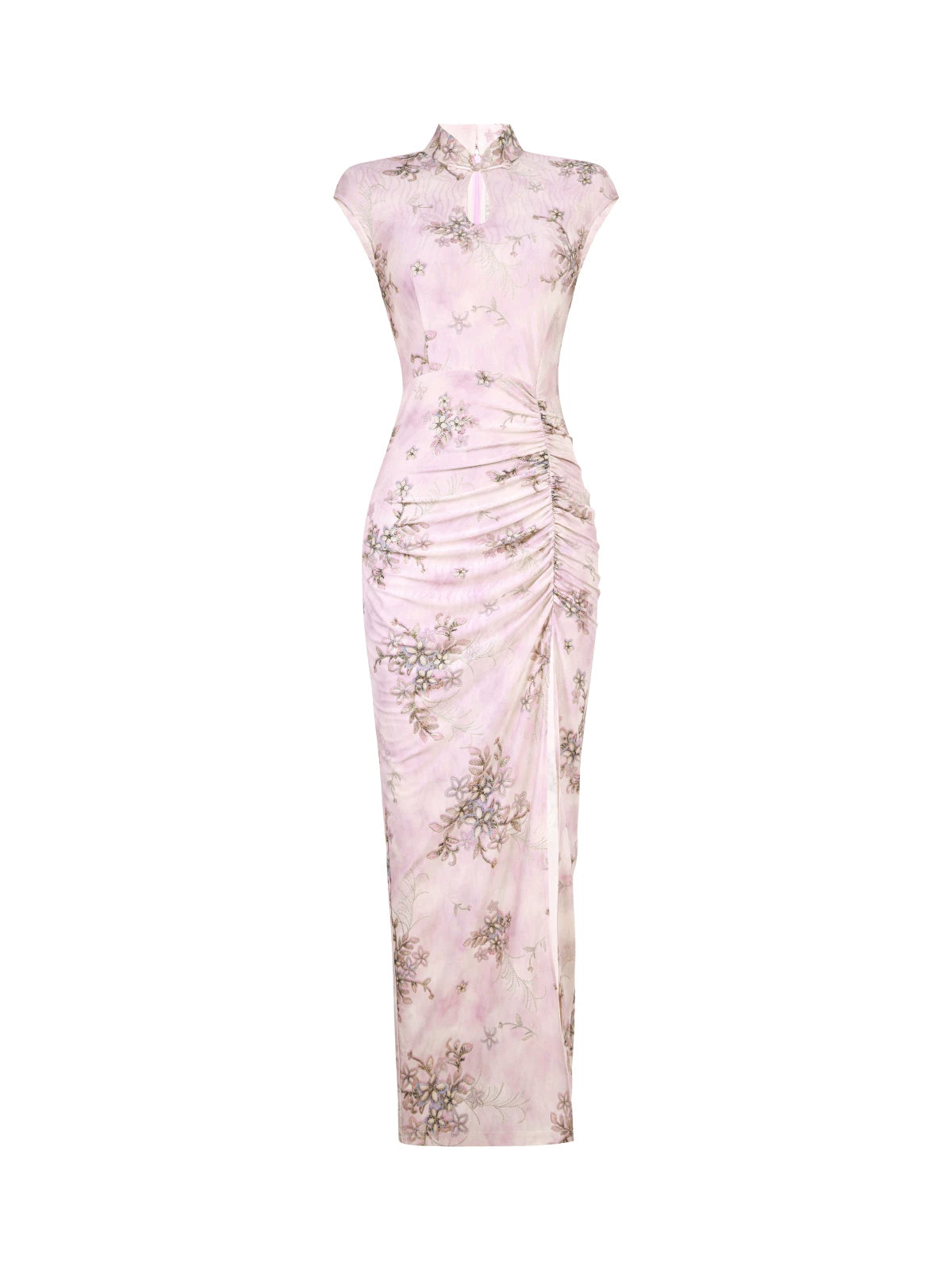 Modern qipao gown with a pink floral pattern
