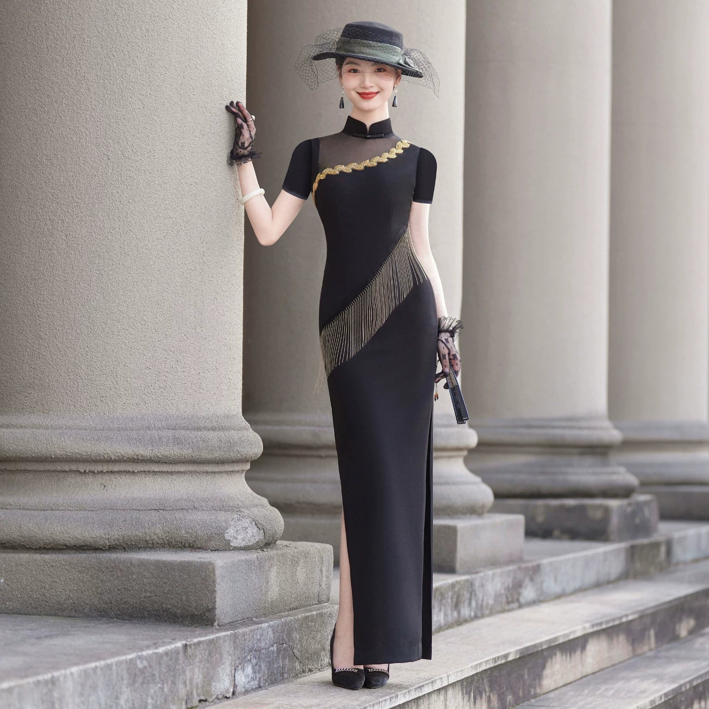 Black modern qipao gown, prom dress