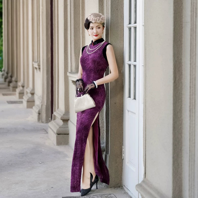 Sleeveless purple modern qipao gown