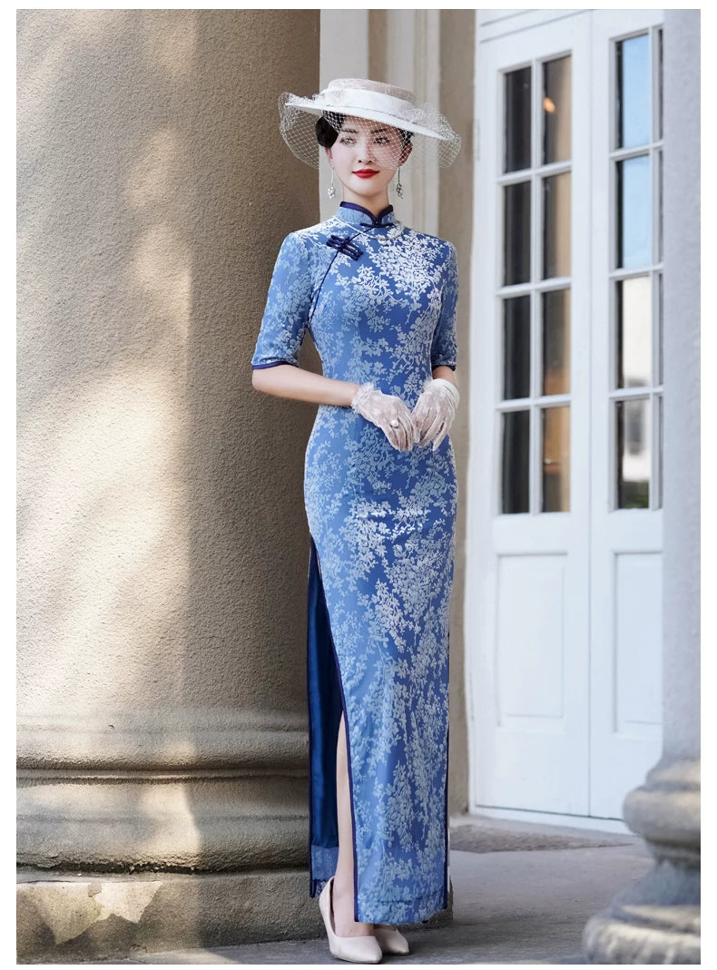 Modern blue embroidered qipao gown