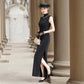Black velvet sleeveless qipao gown