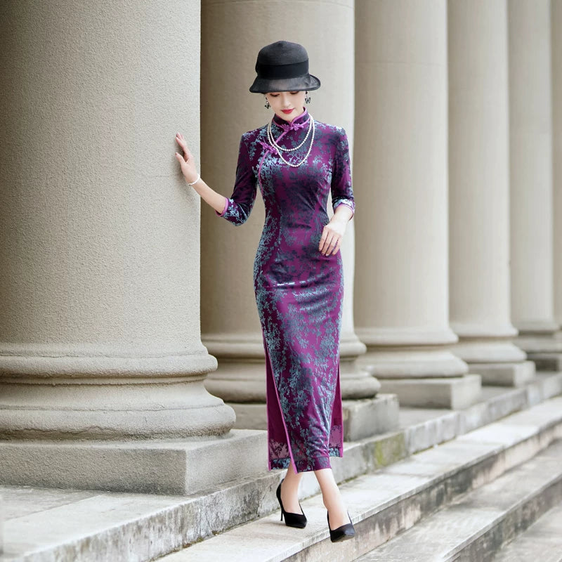 modern purple velvet qipao gown for dinner gift for her.