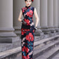 Modern Sleeveless Qipao Gown with Red Floral Print