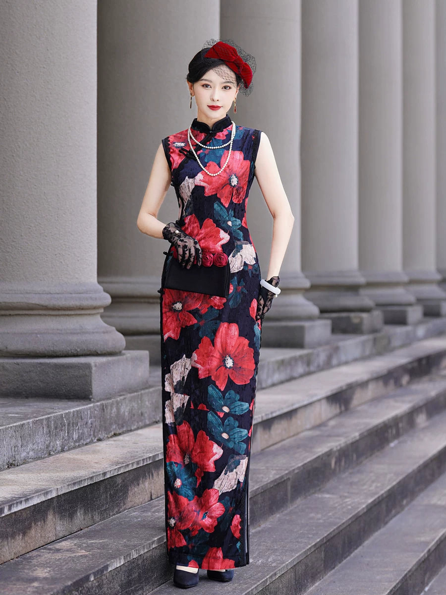 Modern Sleeveless Qipao Gown with Red Floral Print