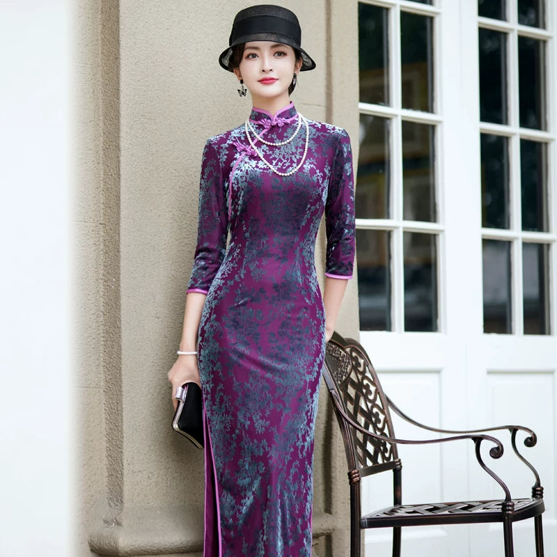 modern purple velvet qipao gown for dinner gift for her.