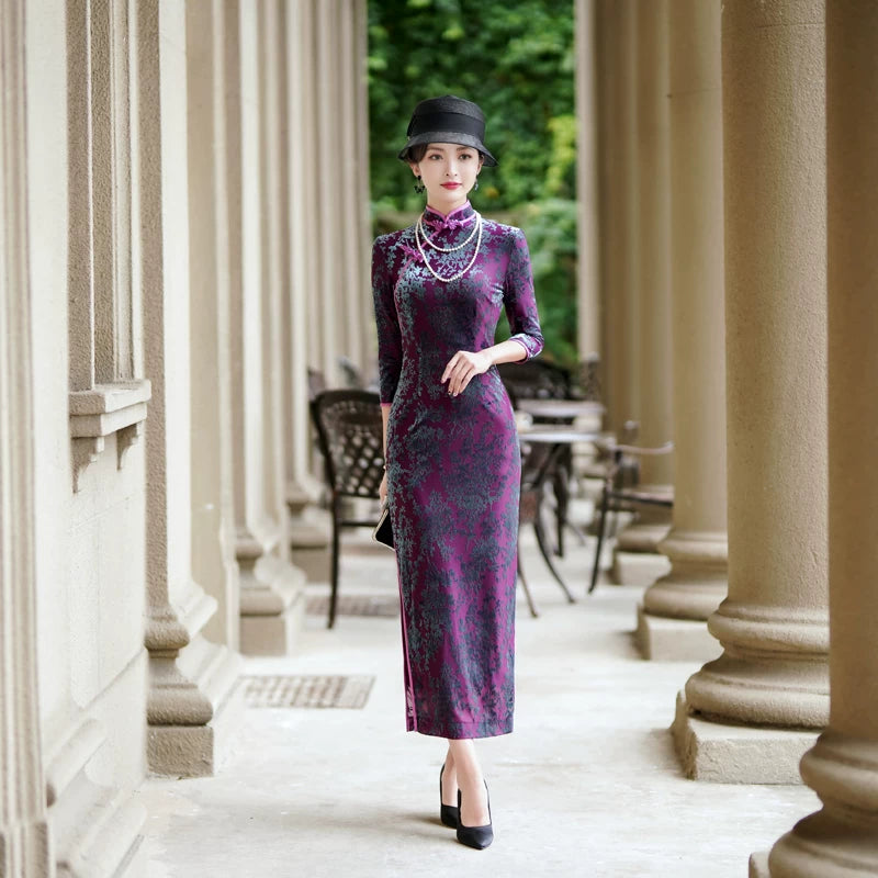 modern purple velvet qipao gown for dinner gift for her.