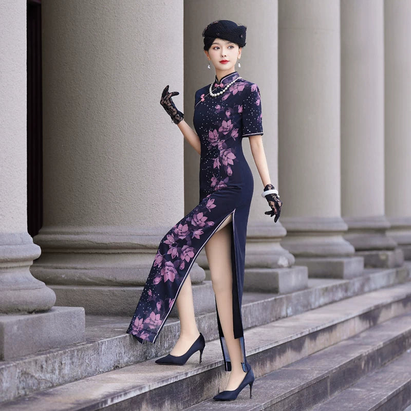 Deep blue floral qipao gown