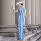 Blue sleeveless full-length qipao gown