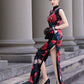 Modern Sleeveless Qipao Gown with Red Floral Print