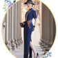 Short-sleeved blue embroidered modern qipao gown