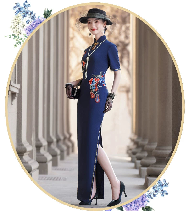 Short-sleeved blue embroidered modern qipao gown