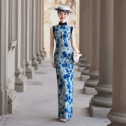 Modern qipao with a blue floral pattern