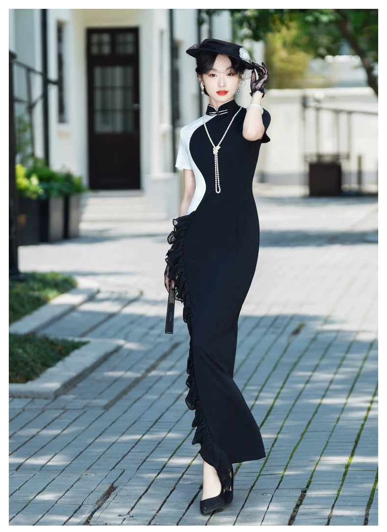 Black and white modern qipao gown for the prom