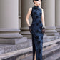 Blue sleeveless modern qipao gown