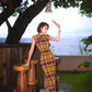 Modern qipao gown with a yellow plaid pattern