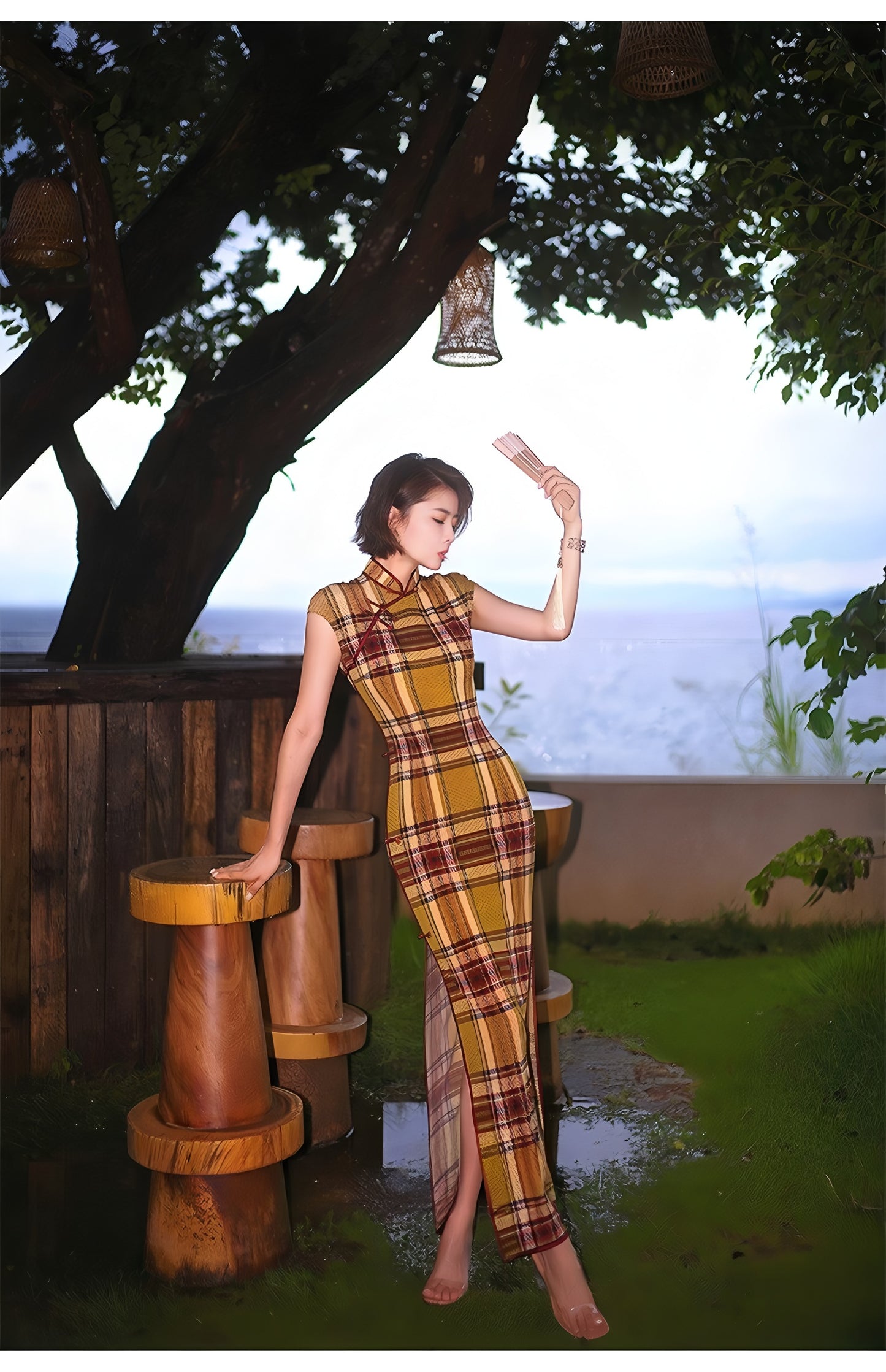 Modern qipao gown with a yellow plaid pattern