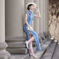 Blue sleeveless full-length qipao gown