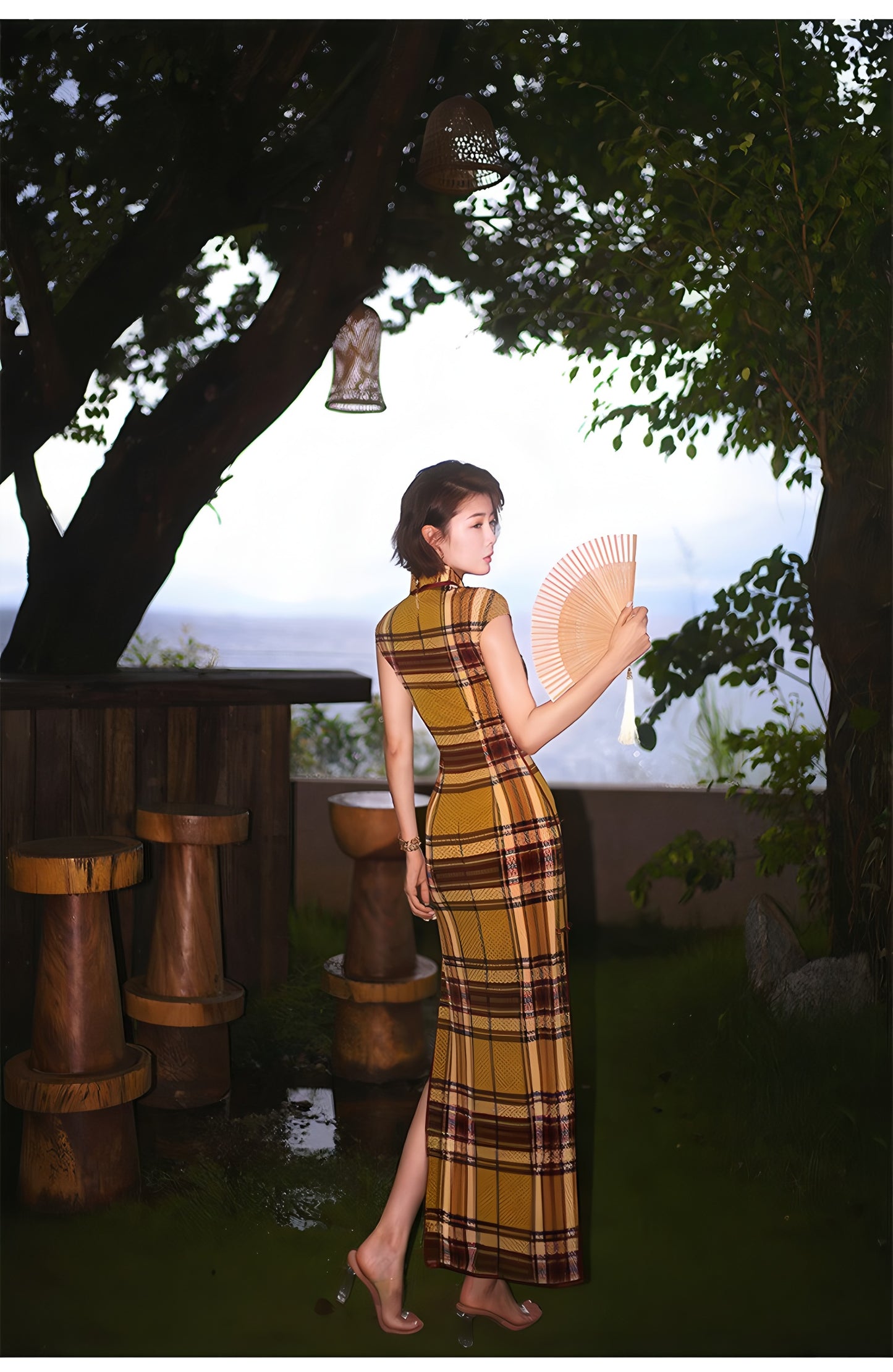 Modern qipao gown with a yellow plaid pattern
