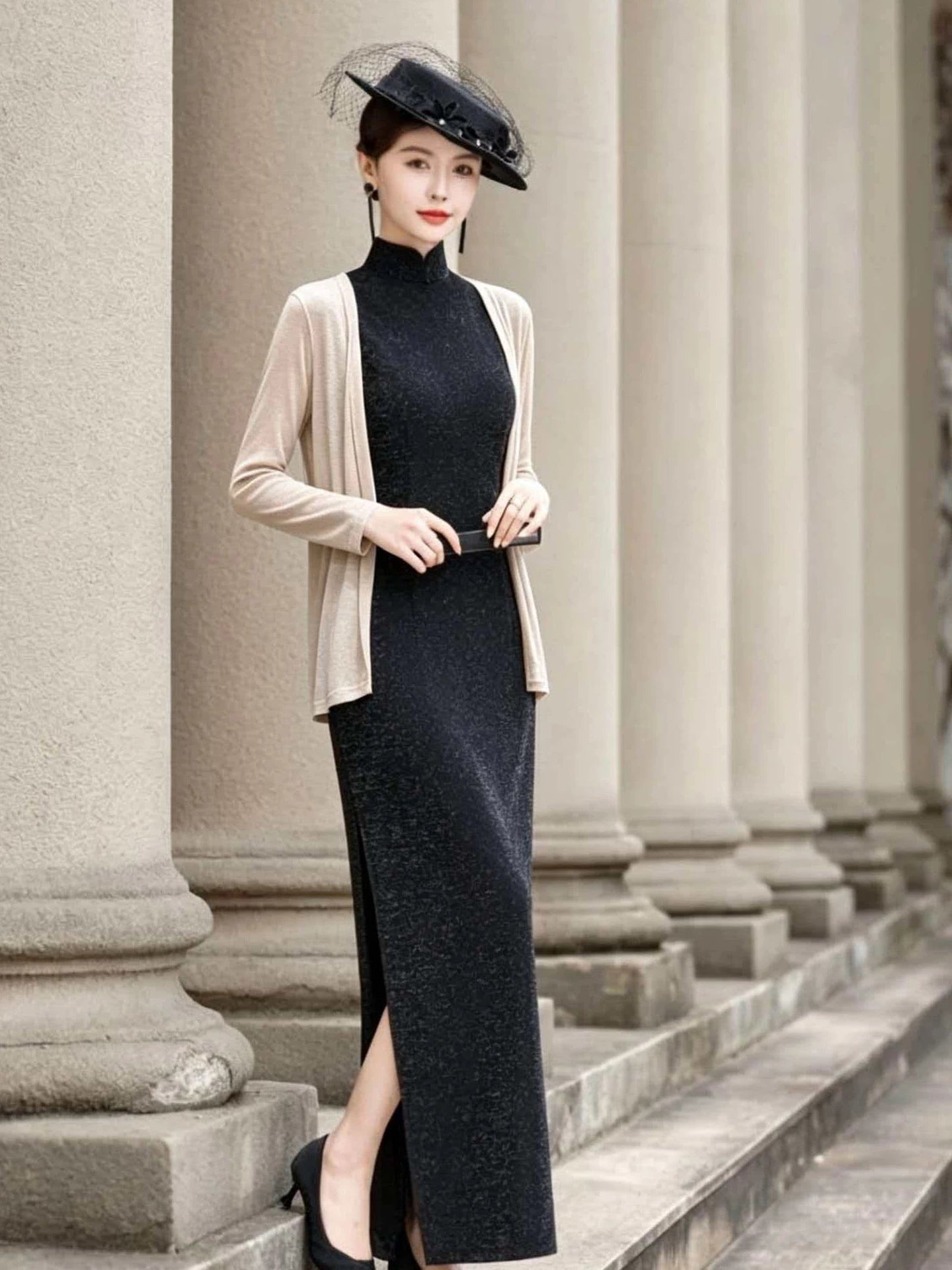 Black velvet sleeveless qipao gown
