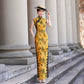 Yellow sleeveless modern qipao with a bamboo print.