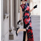 Modern Sleeveless Qipao Gown with Red Floral Print
