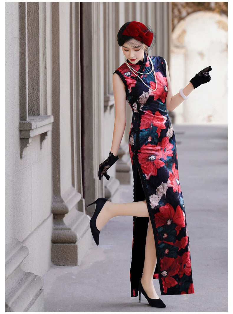 Modern Sleeveless Qipao Gown with Red Floral Print