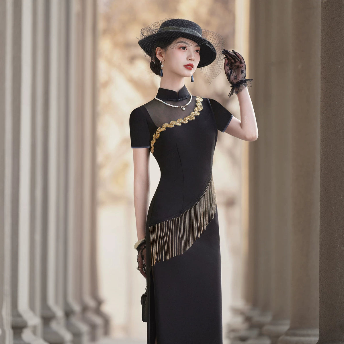 Black modern qipao gown, prom dress