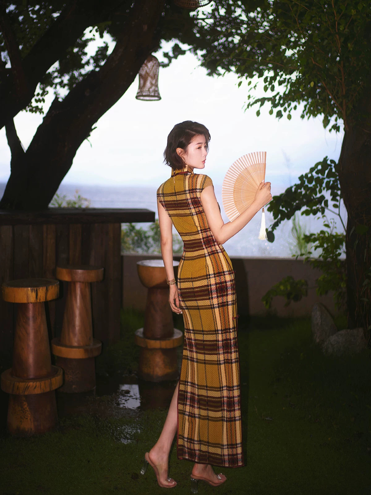 Modern qipao gown with a yellow plaid pattern