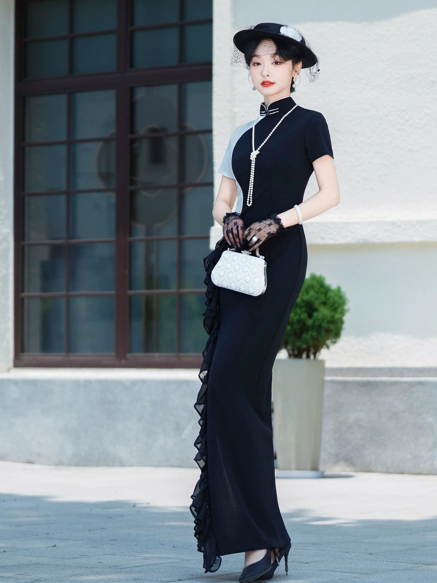 Black and white modern qipao gown for the prom