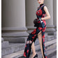 Modern Sleeveless Qipao Gown with Red Floral Print