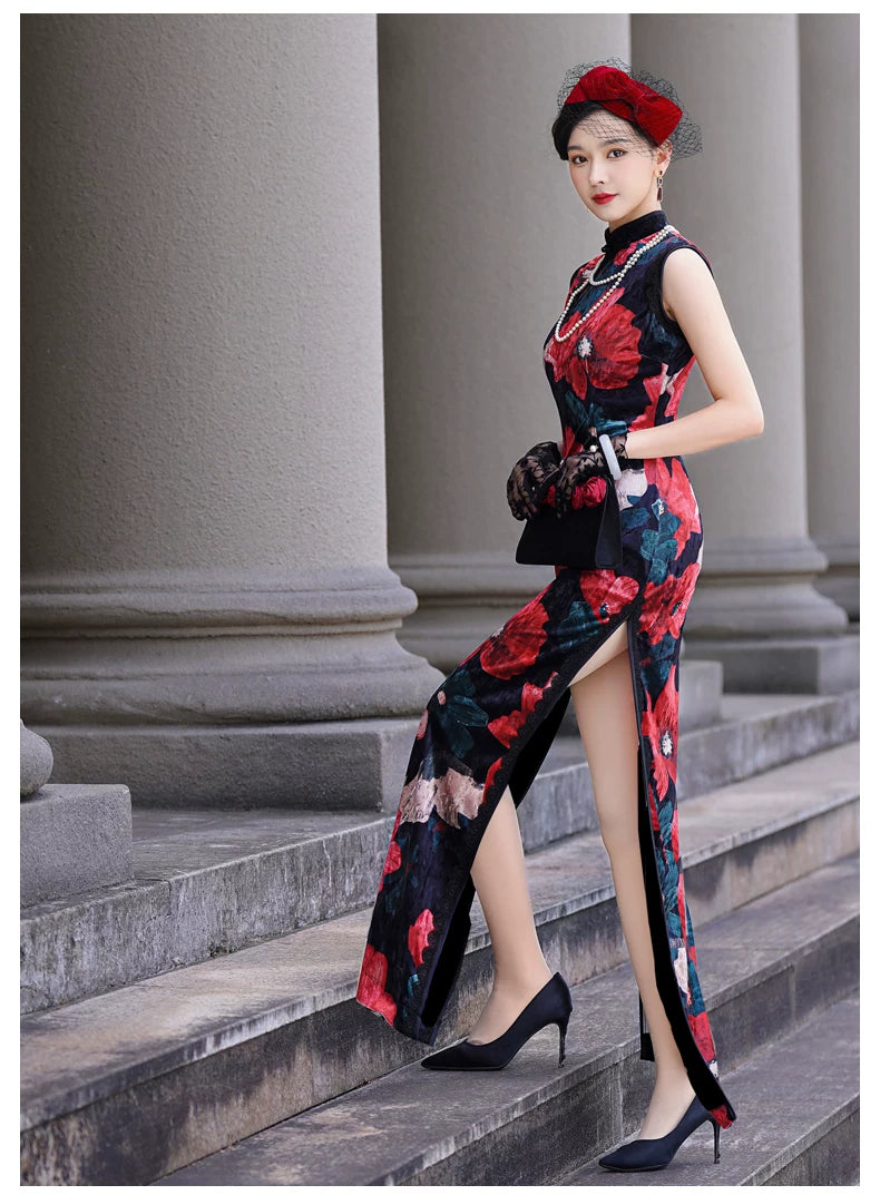 Modern Sleeveless Qipao Gown with Red Floral Print