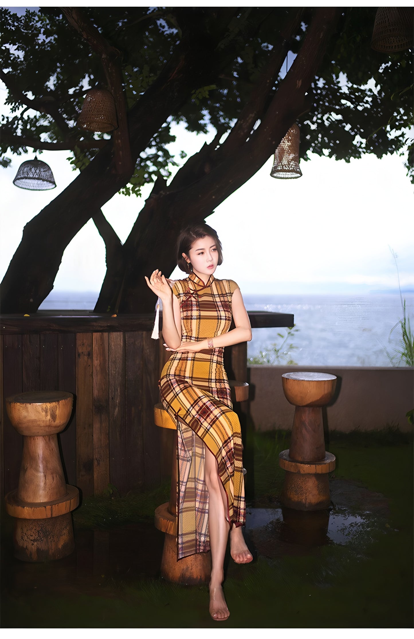 Modern qipao gown with a yellow plaid pattern