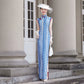Blue sleeveless full-length qipao gown