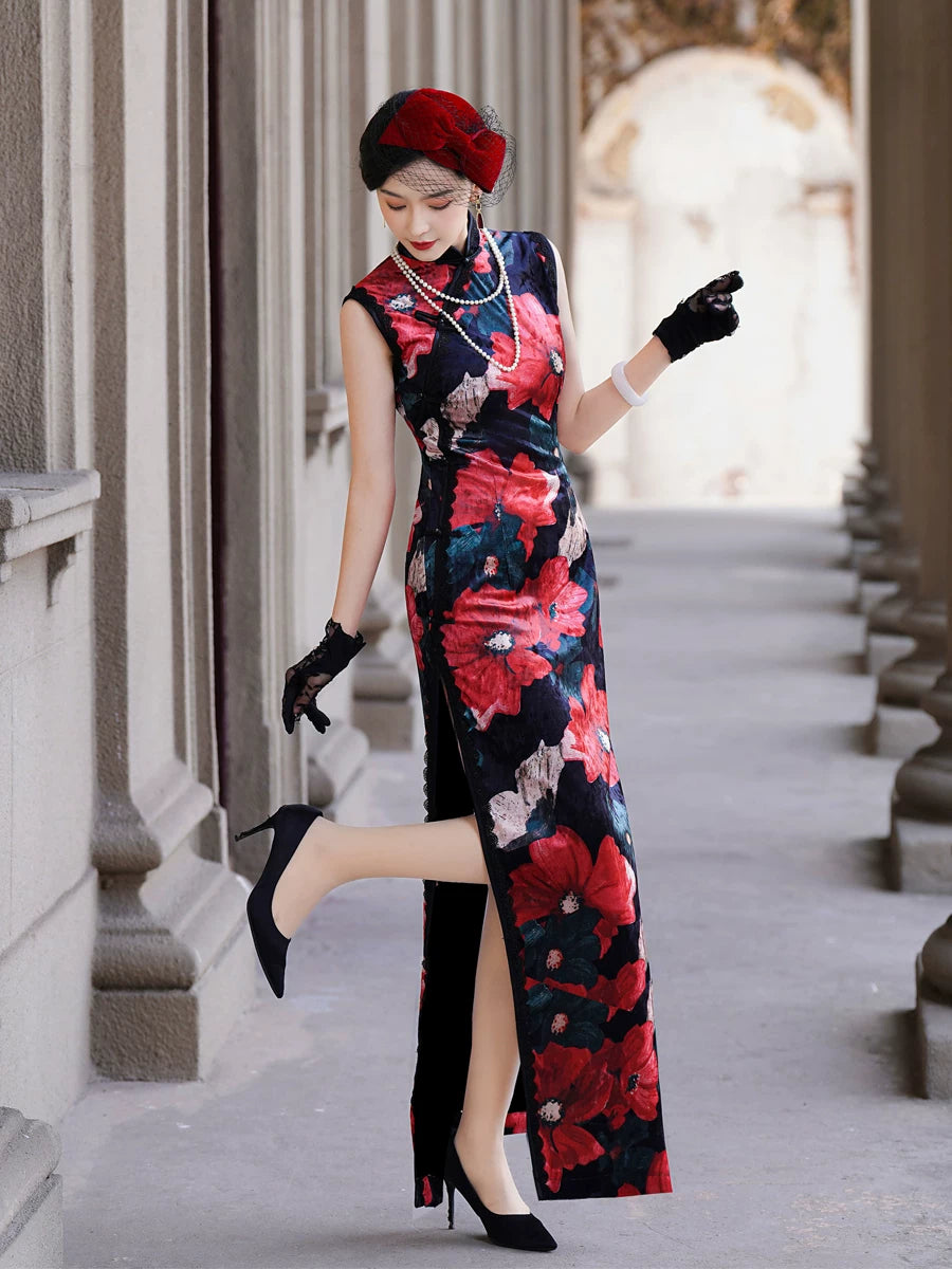 Modern Sleeveless Qipao Gown with Red Floral Print