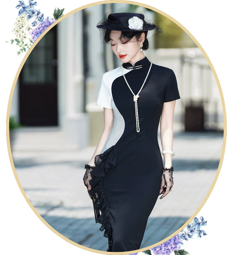 Black and white modern qipao gown for the prom