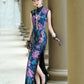 Sleeveless Qipao Gown with Vibrant, Colorful Patterns