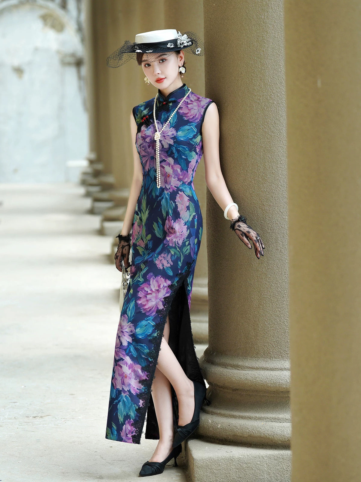 Sleeveless Qipao Gown with Vibrant, Colorful Patterns