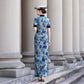 Modern qipao with a blue floral pattern
