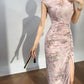 Modern qipao gown with a pink floral pattern