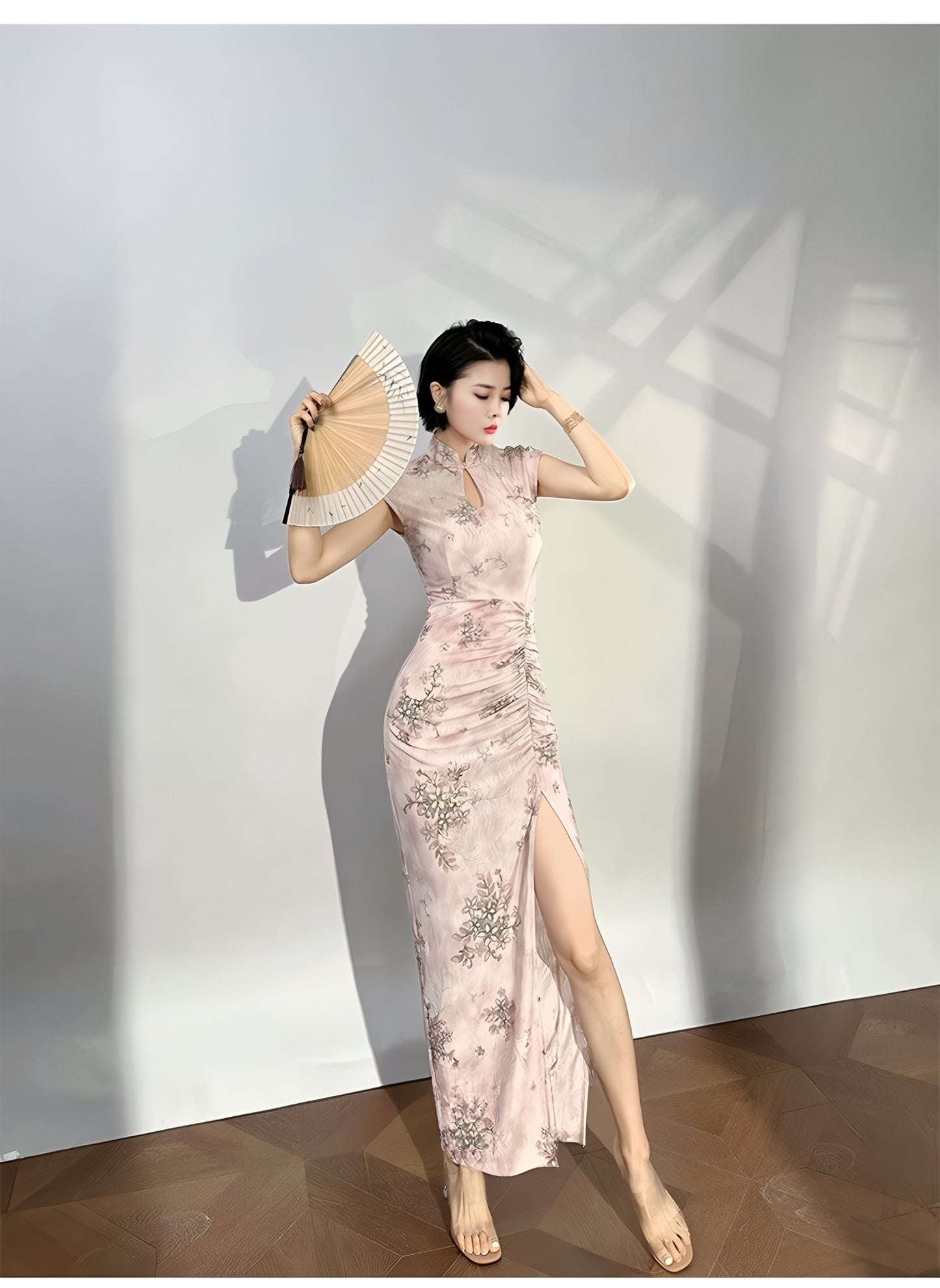 Modern qipao gown with a pink floral pattern