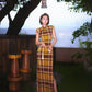 Modern qipao gown with a yellow plaid pattern