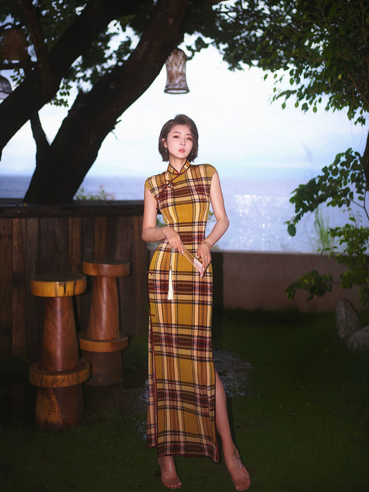 Modern qipao gown with a yellow plaid pattern