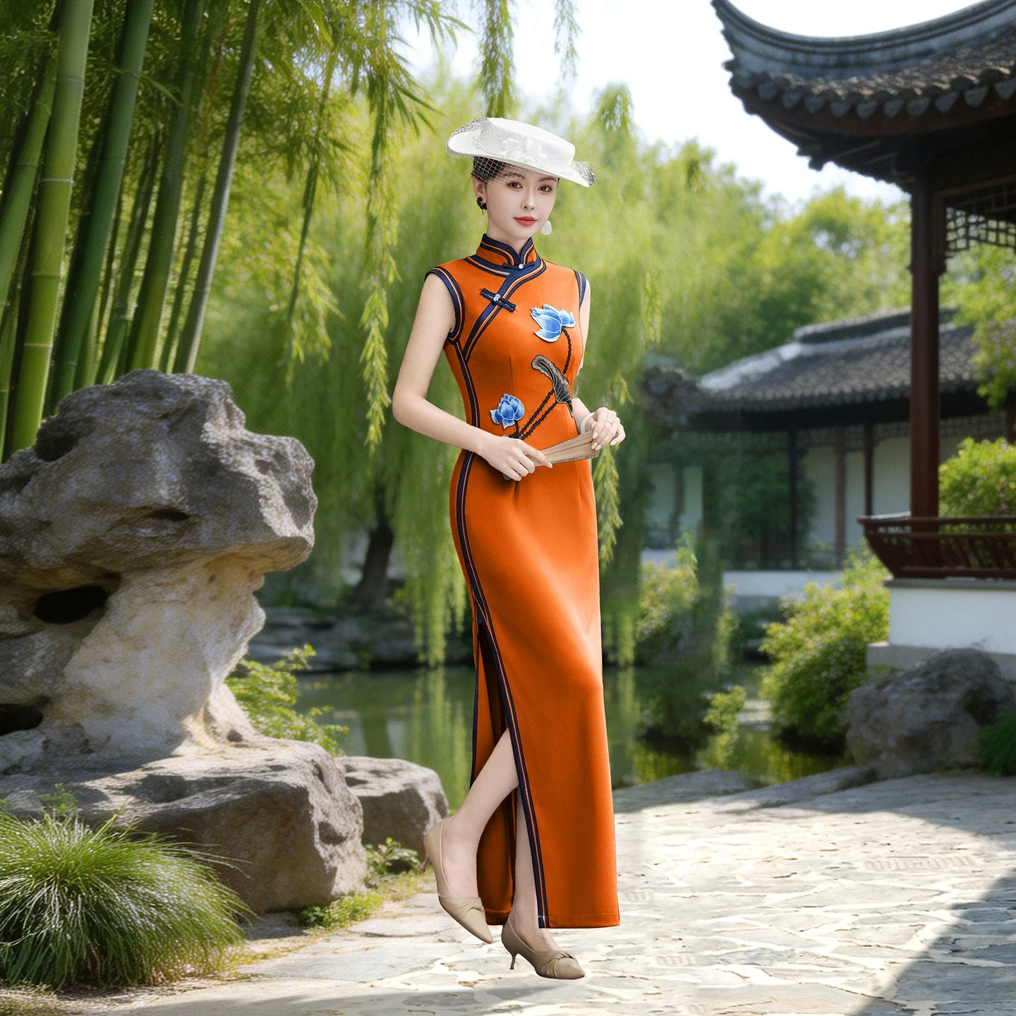 Orange sleeveless modern qipao gown
