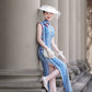 Blue sleeveless full-length qipao gown