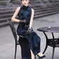 Blue sleeveless modern qipao gown