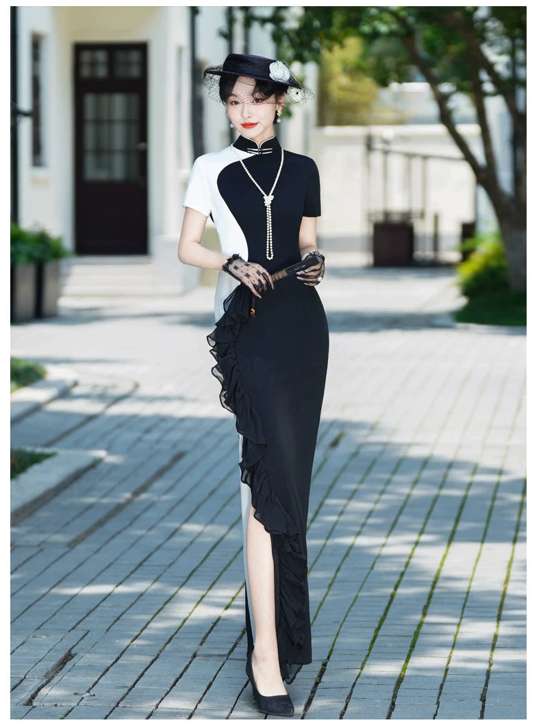 Black and white modern qipao gown for the prom