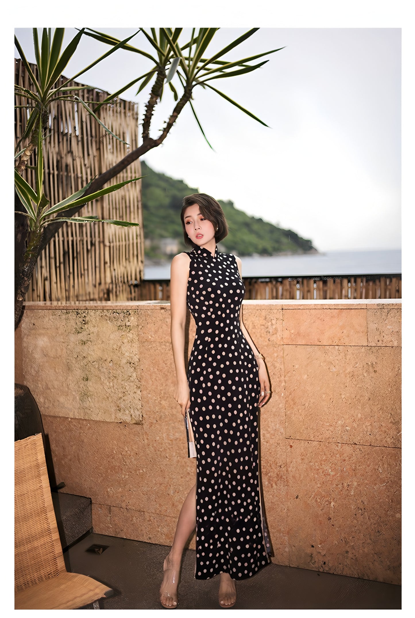 Black Polka-Dot Sleeveless Modern Qipao Gown