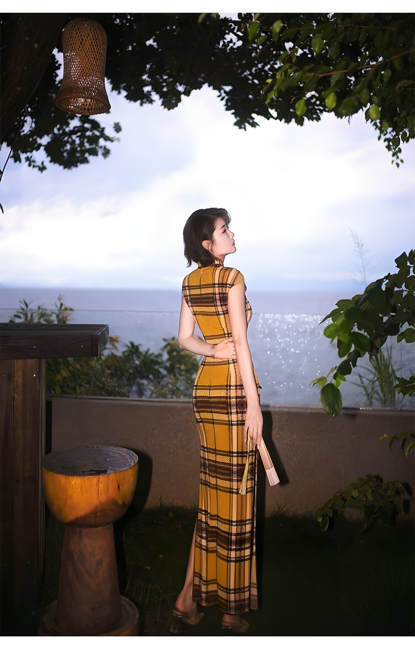 Modern qipao gown with a yellow plaid pattern