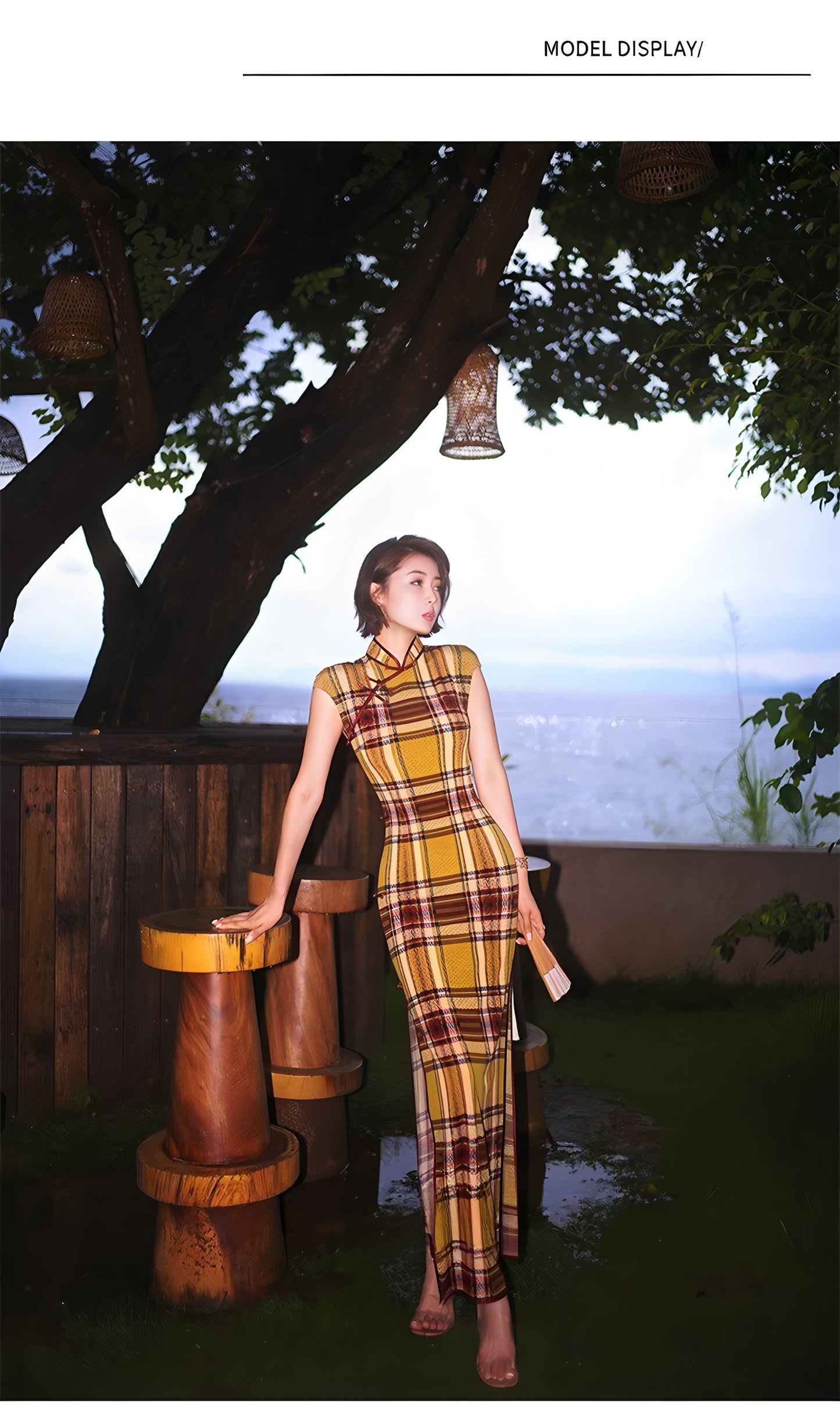 Modern qipao gown with a yellow plaid pattern